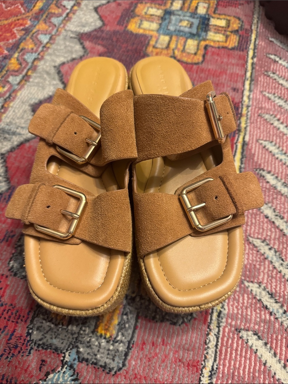 Marc Fisher Tan Suede Double-Buckle Platform Slides